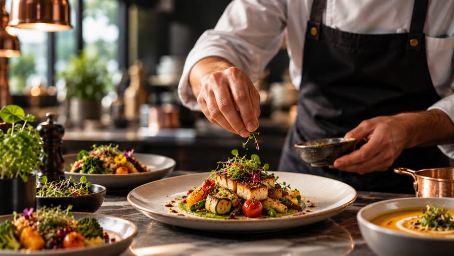 A chef's hands scattering fresh coriander over a bowl of steaming curry at the pass